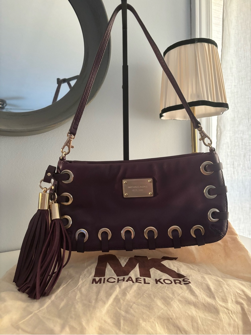 Michael Kors Astor Plum Leather Shoulder Bag with Tassel and Grommet Detail